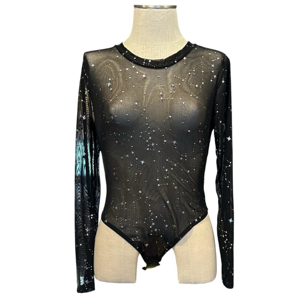 Avid Love Sheer Mesh Bodysuit Black Star Print Long Sleeve NWT Size M